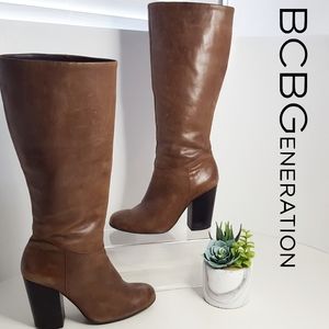 BCBG🔥Brown Leather Boots| Block High Heel|Knee High| Rain/Snow